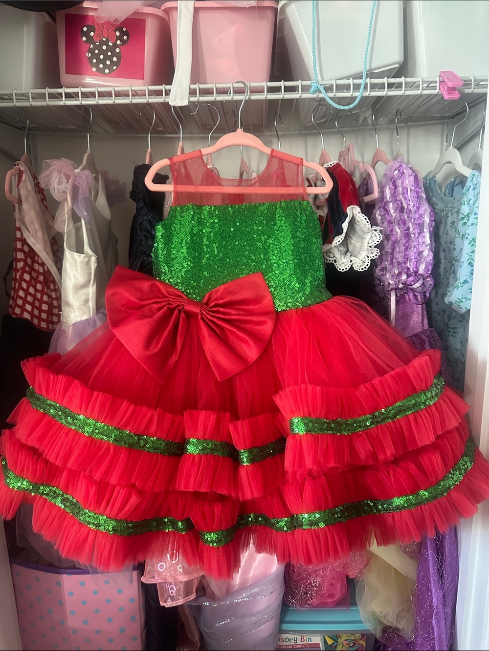 Girls' Red & Green Sequin Holiday Tulle Party Dress with Bow